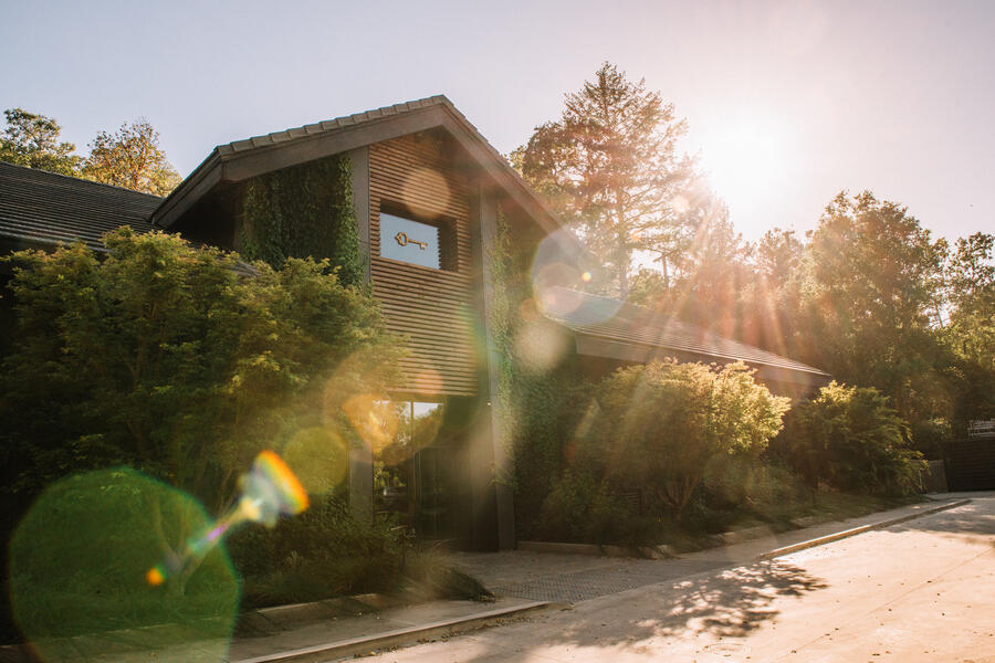 Sinegal Estate exterior with golden afternoon light, St. Helena Napa Valley